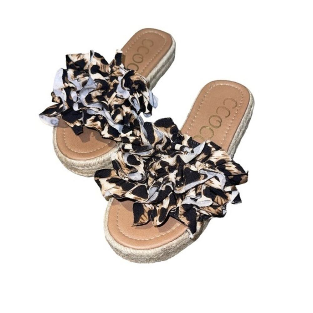 Ccocci Leopard Print Ruffle Slide Platform Espadrille Sandals 5.5
